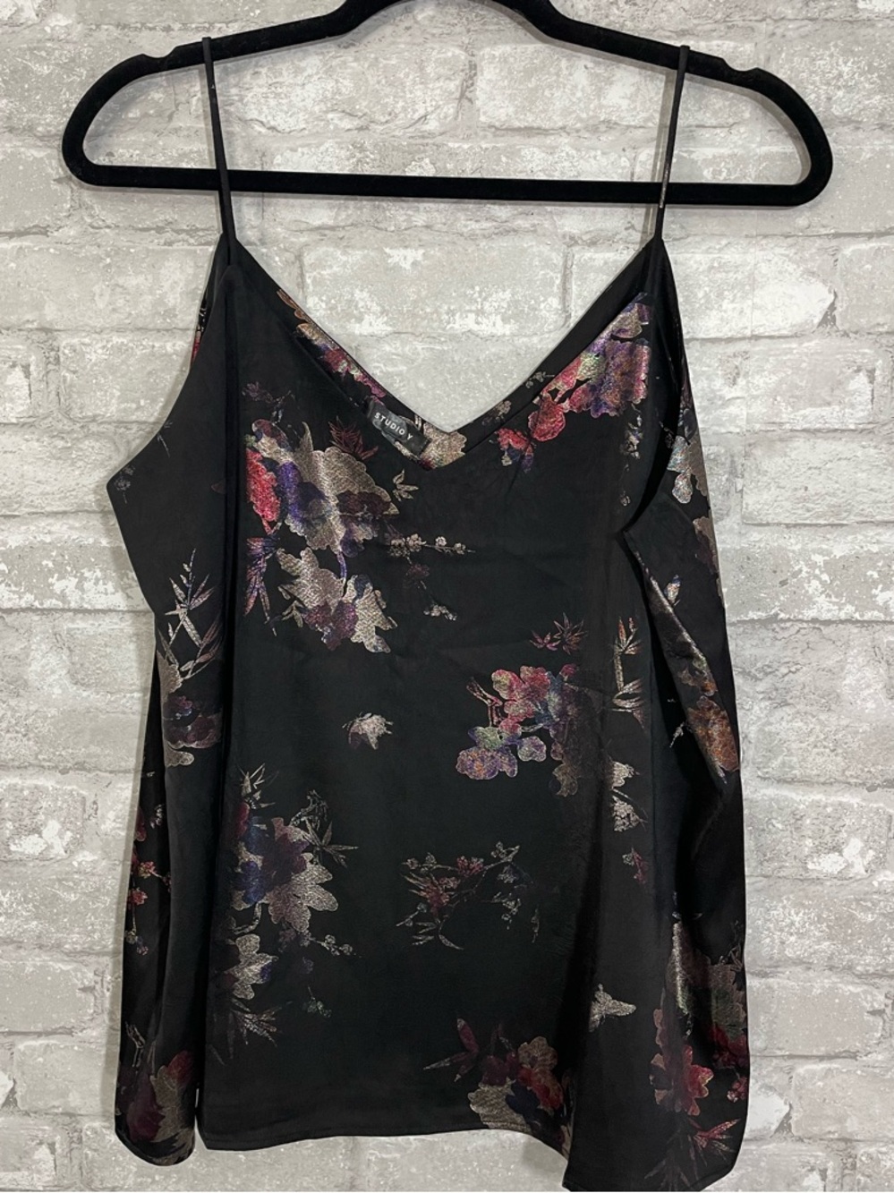 Studio Y Black Satin Floral V-Neck Camisole